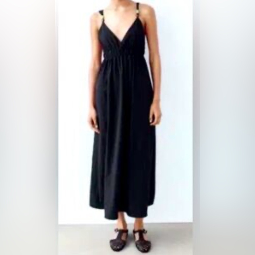 ZARA Black Sleeveless Midi Dress — New With Tags Sz XS minimalist beaded strap